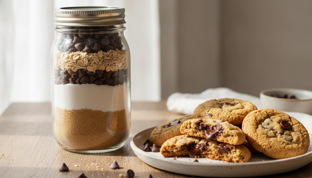 A clear glass mason jar filled with neatly layered dry ingredients for chocolate chip cookie mix next to a plate of gold