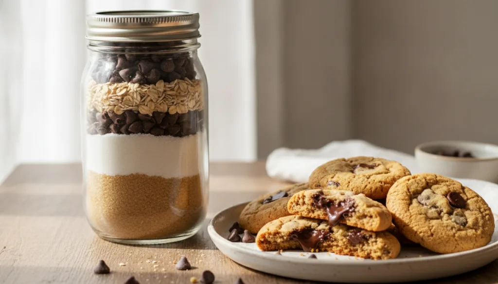 A clear glass mason jar filled with neatly layered dry ingredients for chocolate chip cookie mix next to a plate of gold