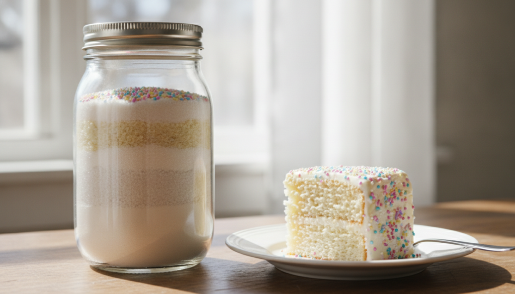 A clear glass mason jar filled with neatly layered dry ingredients for vanilla cake mix next to a slice of vanilla cake 