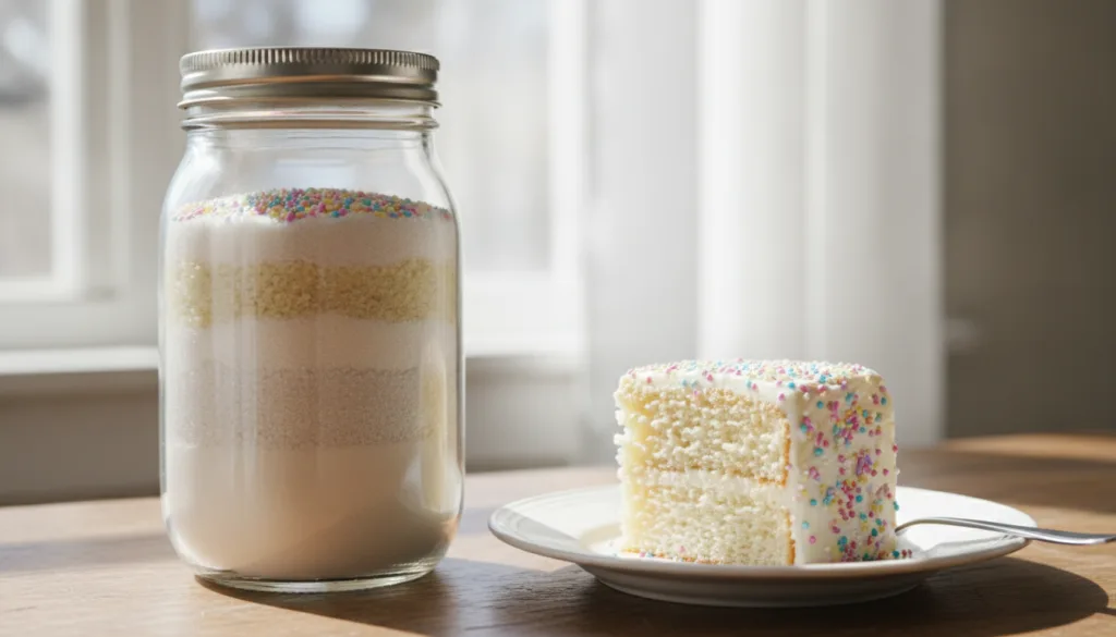A clear glass mason jar filled with neatly layered dry ingredients for vanilla cake mix next to a slice of vanilla cake