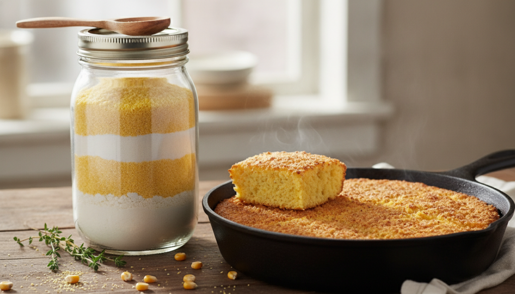 A clear glass mason jar filled with neatly layered dry ingredients for cornbread mix showcasing cornmeal and flour next 