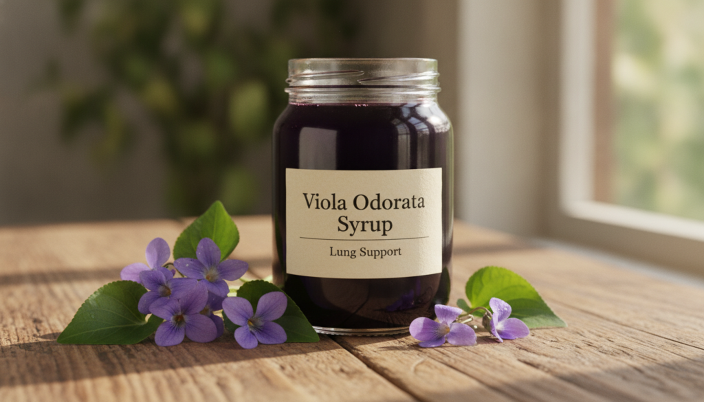 A glass jar of homemade purple Viola Odorata syrup with a label on a wooden table with fresh violet flowers beside it