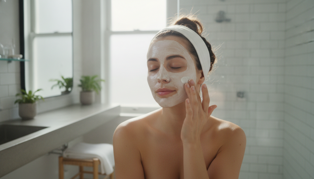 A woman gently applying a facial mask to her clean skin in a well-lit bathroom setting