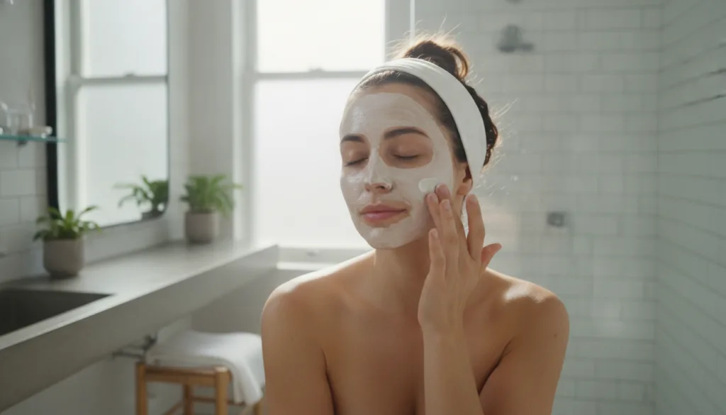 A woman gently applying a facial mask to her clean skin in a well-lit bathroom setting