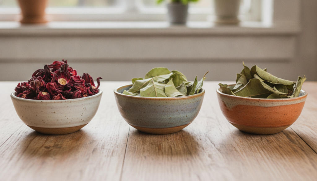A variety of dried herbs in small bowls including hibiscus soursop leaves and possibly guava leaves displayed on a woode