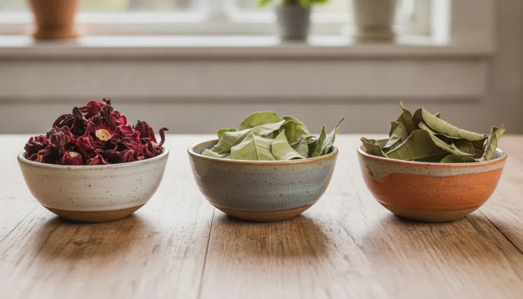 A variety of dried herbs in small bowls including hibiscus soursop leaves and possibly guava leaves displayed on a woode
