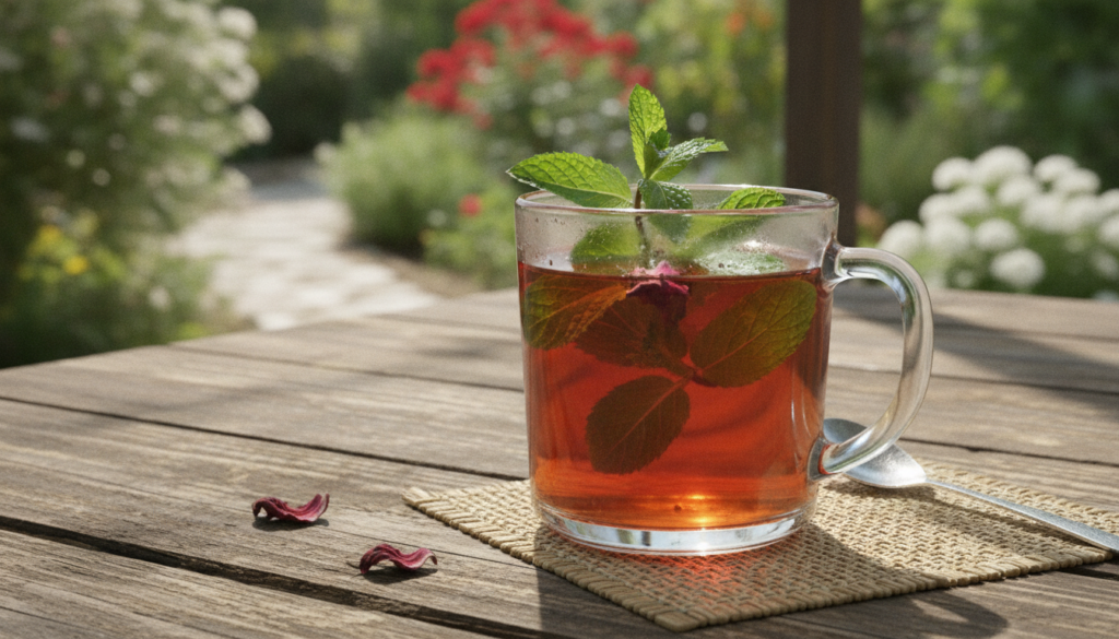 A clear glass mug filled with a reddish-orange hibiscus infusion garnished with fresh mint leaves resting on a wooden ta