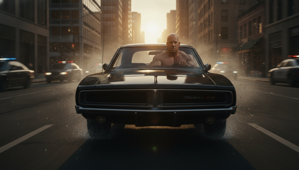 Vin Diesel as Dominic Toretto driving a classic muscle car in a high-speed chase scene looking intense