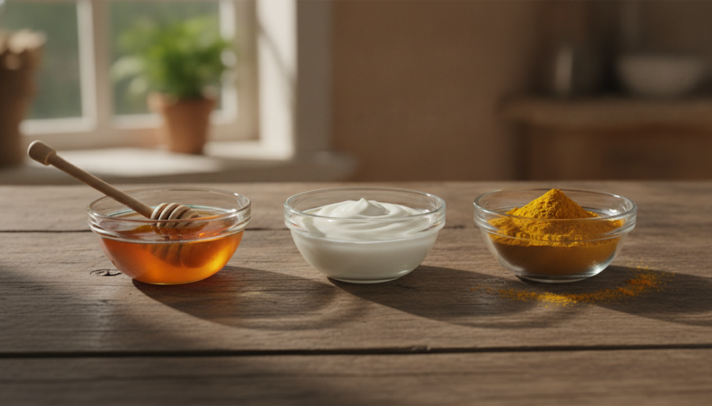Three small bowls containing honey plain yogurt and turmeric powder arranged attractively on a rustic wooden table