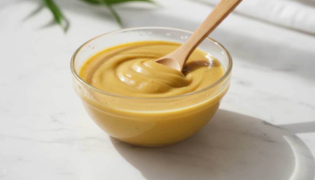 Close-up shot of a small bowl containing a creamy golden yellow mask mixture with a spoon stirring it gently
