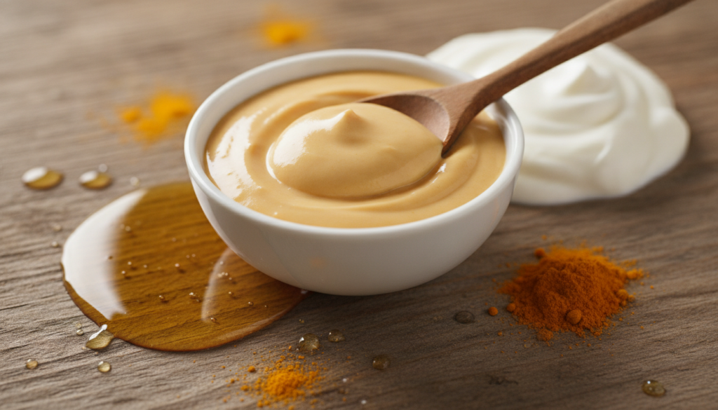 Close-up of a small bowl containing a creamy golden-yellow skin mask with a small wooden spoon resting in it next to the