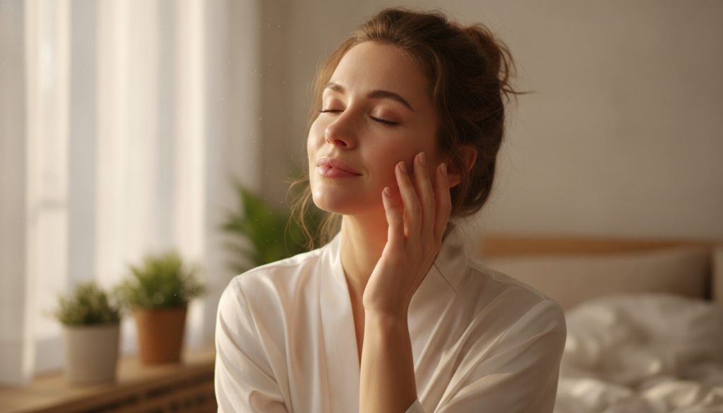 A woman waking up in the morning looking refreshed and happy touching her smooth glowing face with soft natural light st