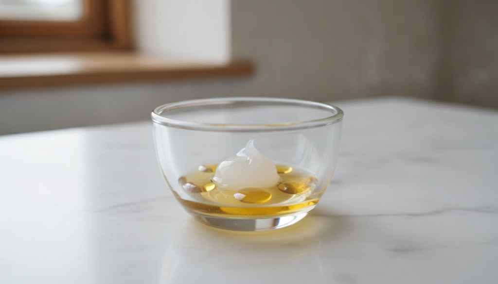 Close-up of a small glass bowl containing a pea-sized amount of Vaseline and four drops of almond oil ready to be mixed 