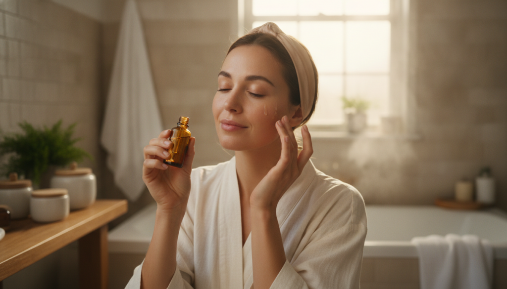 A woman gently applying a homemade serum to her face with glowing soft skin The setting is a cozy bathroom with natural 