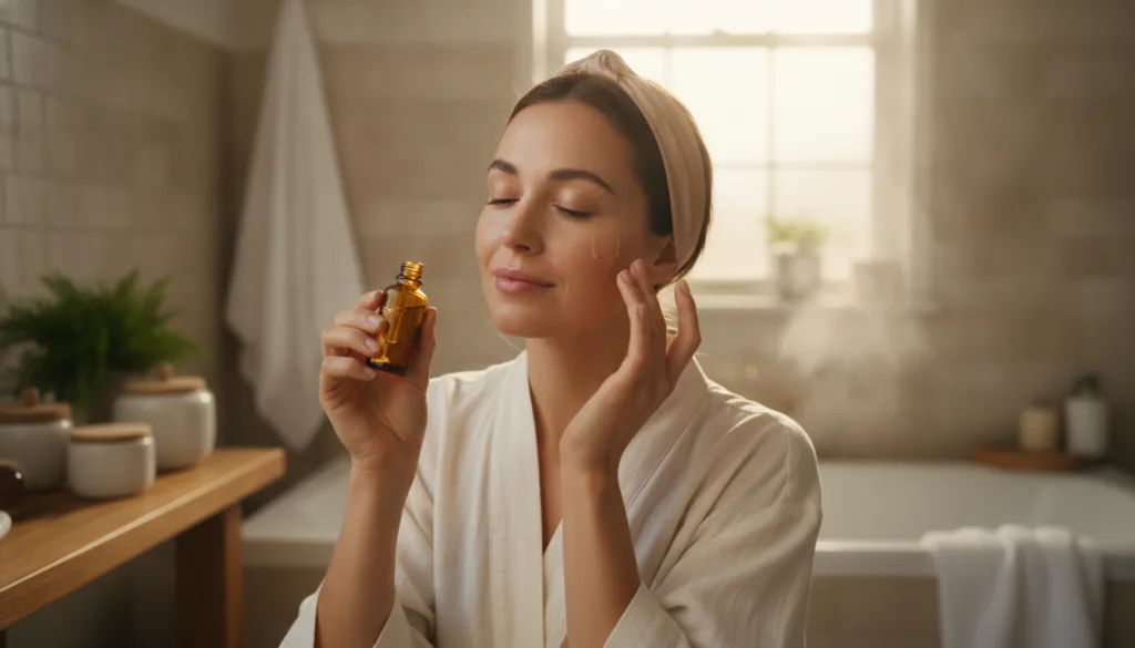 A woman gently applying a homemade serum to her face with glowing soft skin The setting is a cozy bathroom with natural 