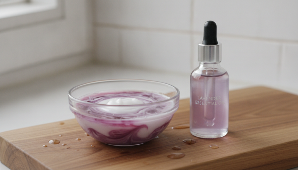 A small bowl containing freshly extracted red onion juice mixed with coconut oil with a dropper bottle of essential oil 