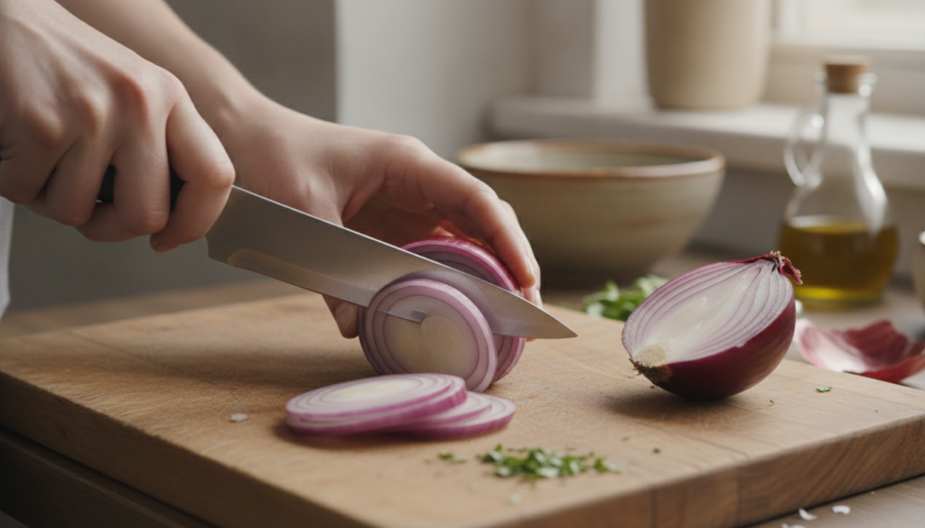 A close-up shot of vibrant red onions being sliced on a wooden cutting board with hands gently holding an onion The ligh