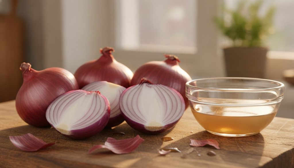 Close-up of fresh red onions and sliced red onions with a small bowl of onion juice suggesting natural hair treatment in