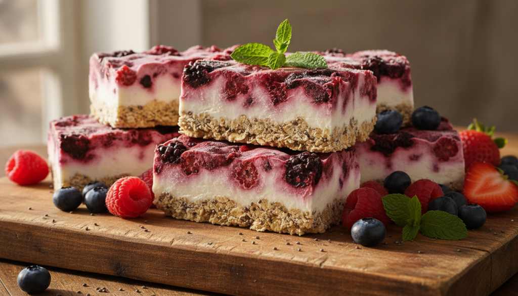 A close-up shot of several perfectly layered frozen berry yogurt oat bars on a wooden board garnished with fresh berries
