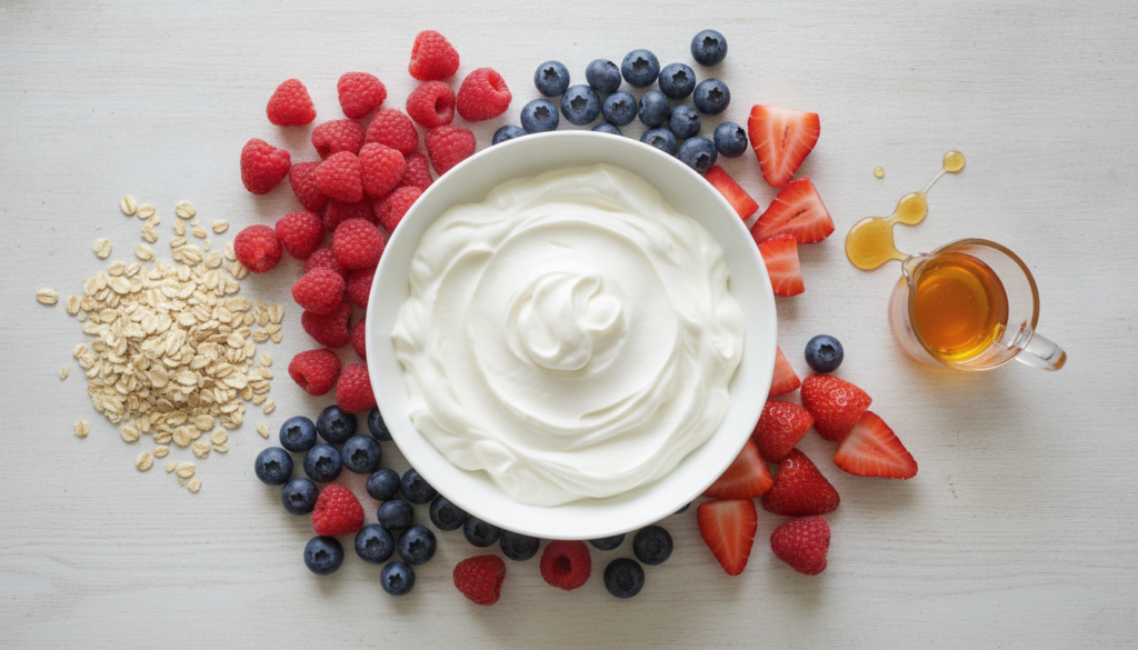 A flat lay image showing the key ingredients a bowl of Greek yogurt fresh mixed berries rolled oats and a drizzle of hon