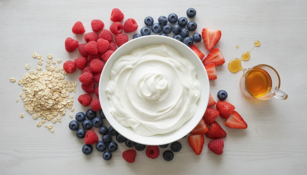 A flat lay image showing the key ingredients a bowl of Greek yogurt fresh mixed berries rolled oats and a drizzle of hon