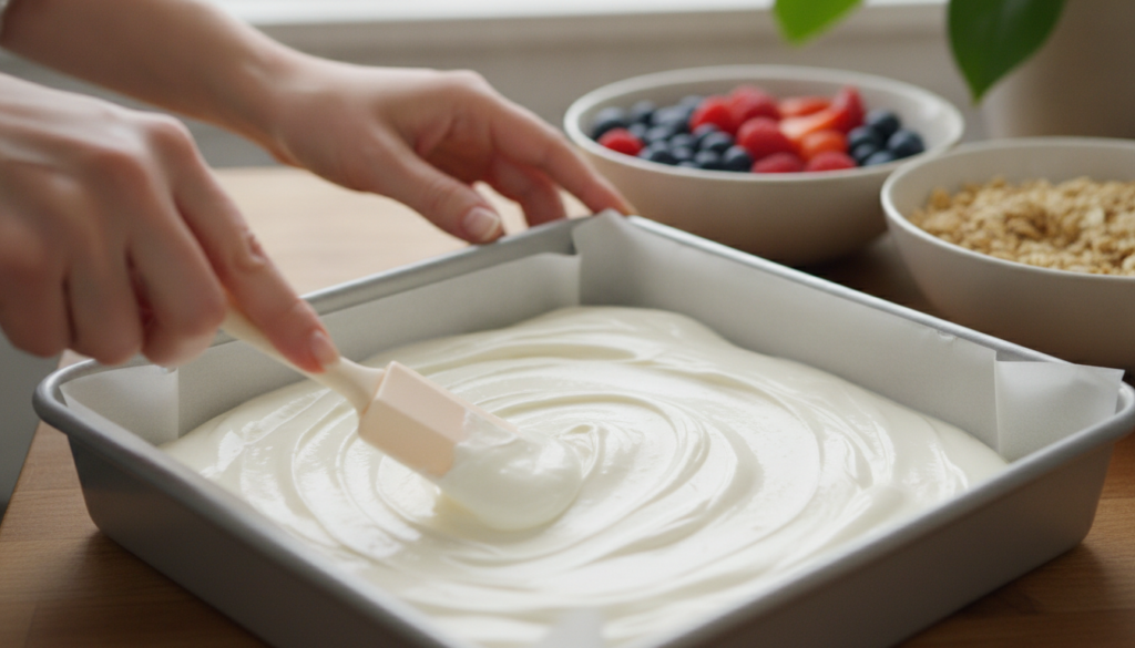 A pair of hands carefully spreading the yogurt mixture into a parchment-lined baking pan with the mixed berries and oats