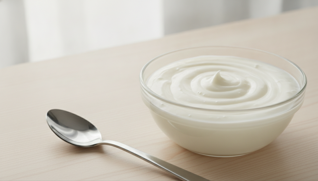 A clear glass bowl containing a creamy mixture of Vaseline and milk with a spoon beside it on a light clean surface The 