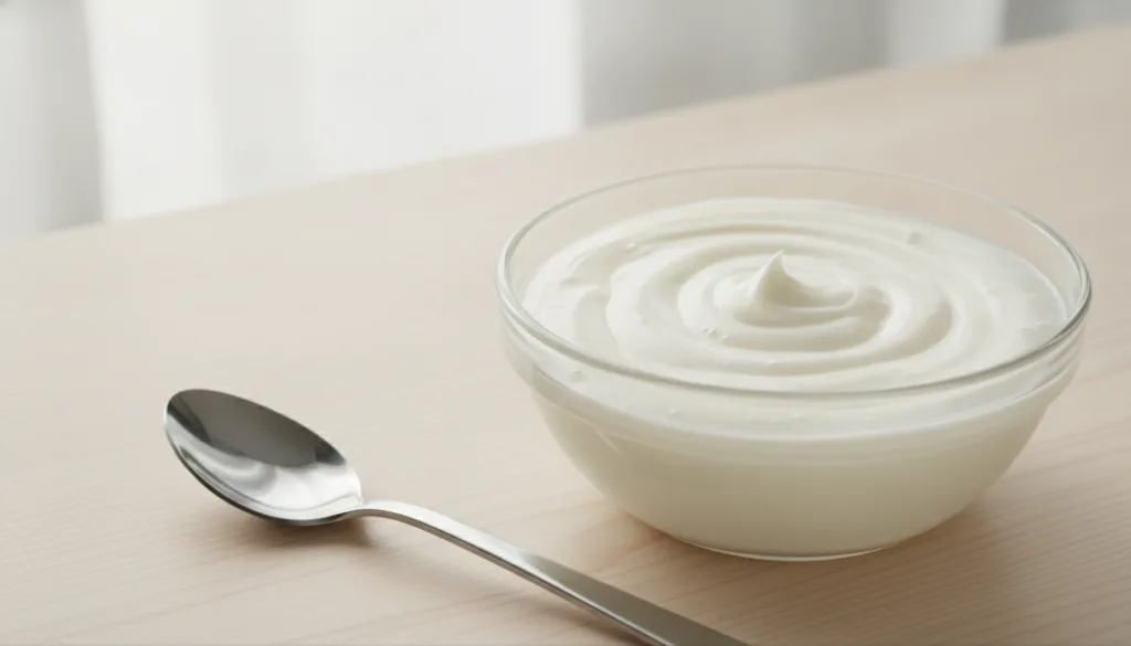 A clear glass bowl containing a creamy mixture of Vaseline and milk with a spoon beside it on a light clean surface The 