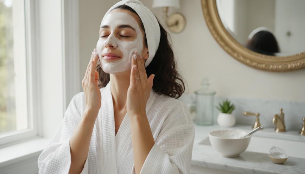 A woman gently applying a homemade Vaseline and milk mask to her face with her fingertips in a well-lit bathroom her ski