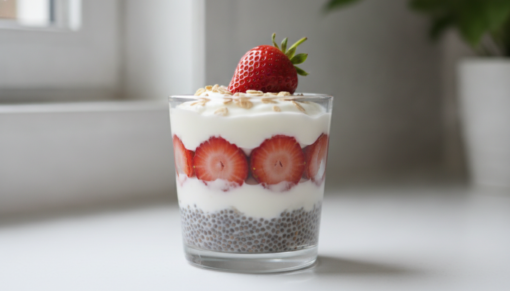 A vibrant layered strawberry yogurt chia parfait in a clear glass The layers include creamy Greek yogurt red sliced stra