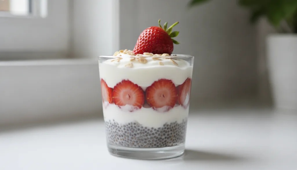 A vibrant layered strawberry yogurt chia parfait in a clear glass The layers include creamy Greek yogurt red sliced stra