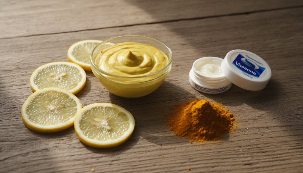 A bowl of the DIY Vaseline lemon and turmeric mixture with fresh ingredients around it