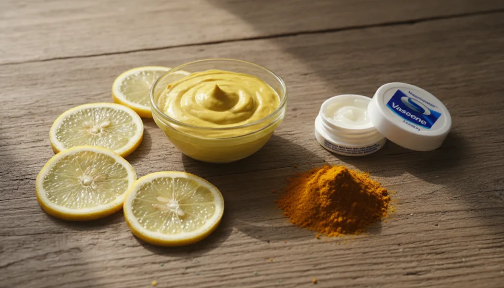 A bowl of the DIY Vaseline lemon and turmeric mixture with fresh ingredients around it