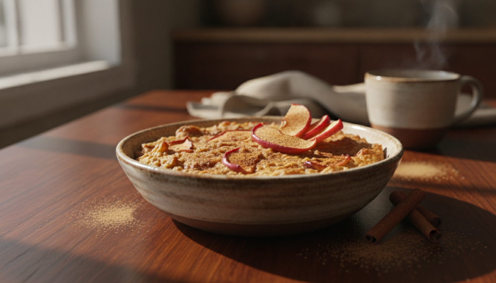 A warm comforting dish of apple cinnamon baked oatmeal in a rustic bowl garnished with fresh apple slices and a sprinkle