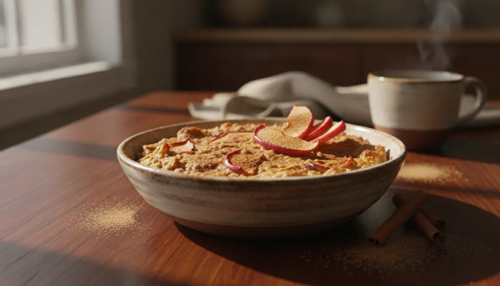 A warm comforting dish of apple cinnamon baked oatmeal in a rustic bowl garnished with fresh apple slices and a sprinkle