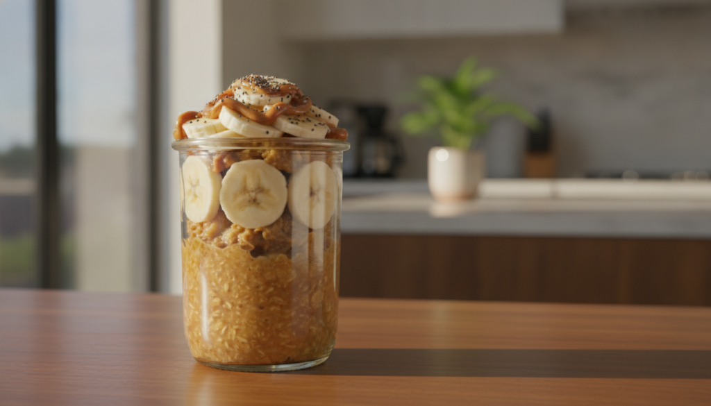 A beautiful jar of peanut butter banana overnight oats garnished with sliced banana a drizzle of peanut butter and a spr