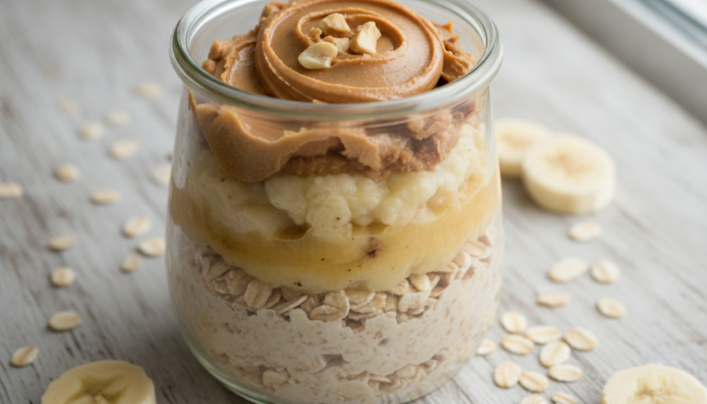 Close-up shot of the layered ingredients of peanut butter banana overnight oats in a clear glass jar before refrigeratio