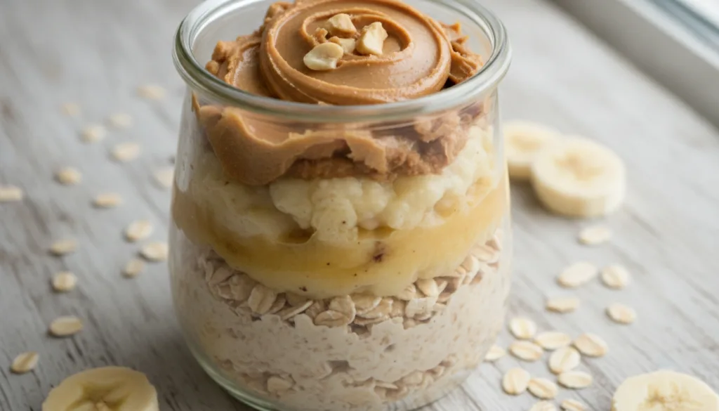 Close-up shot of the layered ingredients of peanut butter banana overnight oats in a clear glass jar before refrigeratio