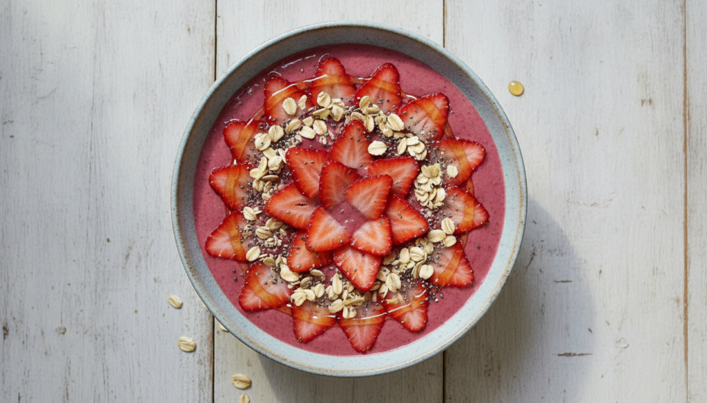 A beautifully arranged Strawberry Oat Smoothie Bowl topped with fresh strawberries a sprinkle of oats some chia seeds an