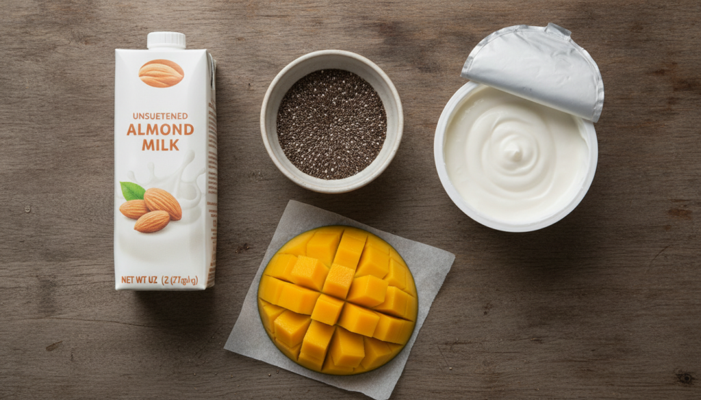 Various ingredients for chia pudding laid out chia seeds in a small bowl a carton of almond milk a container of Greek yo