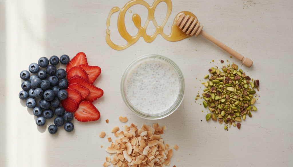 A variety of toppings for chia pudding including fresh berries chopped nuts granola and shredded coconut arranged neatly