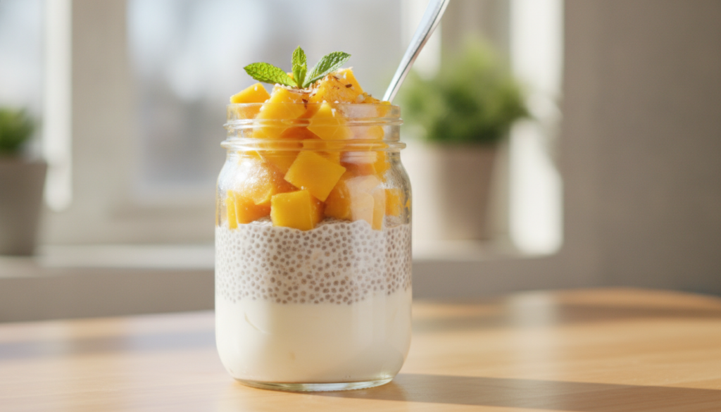 A beautiful jar of mango yogurt chia pudding layered with creamy yogurt thick chia pudding and topped with fresh diced m