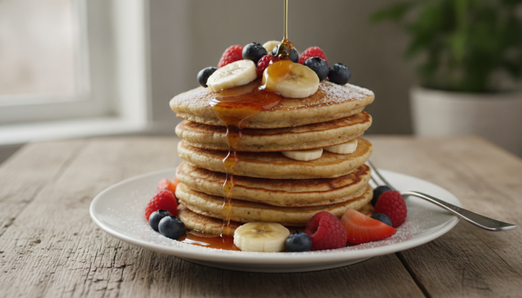 A stack of fluffy banana oat yogurt pancakes topped with fresh berries sliced banana and a drizzle of maple syrup on a w