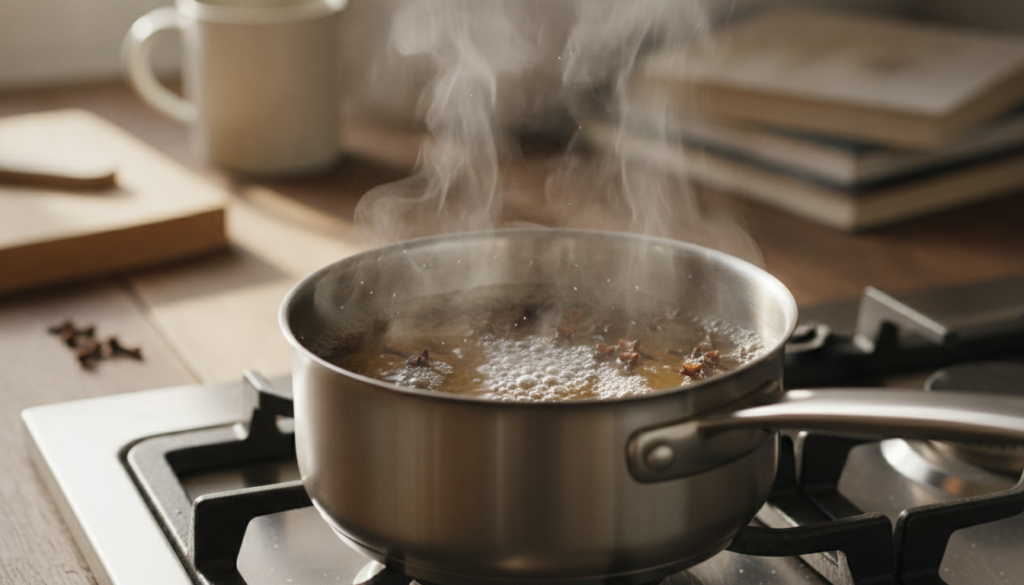 A saucepan on a stovetop with whole cloves simmering in water steam gently rising