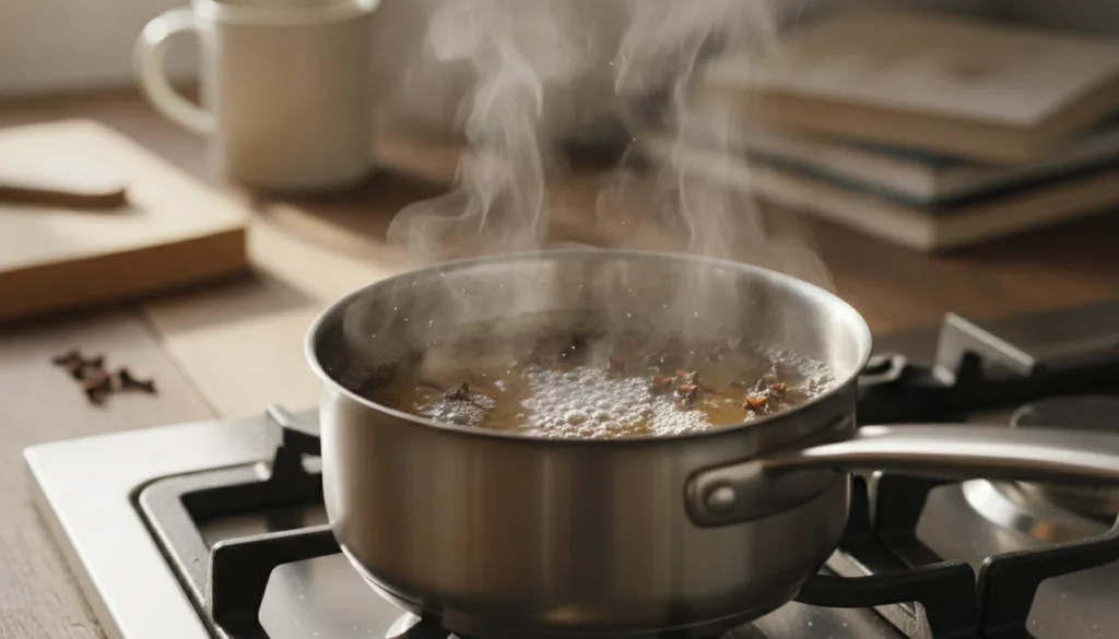 A saucepan on a stovetop with whole cloves simmering in water steam gently rising