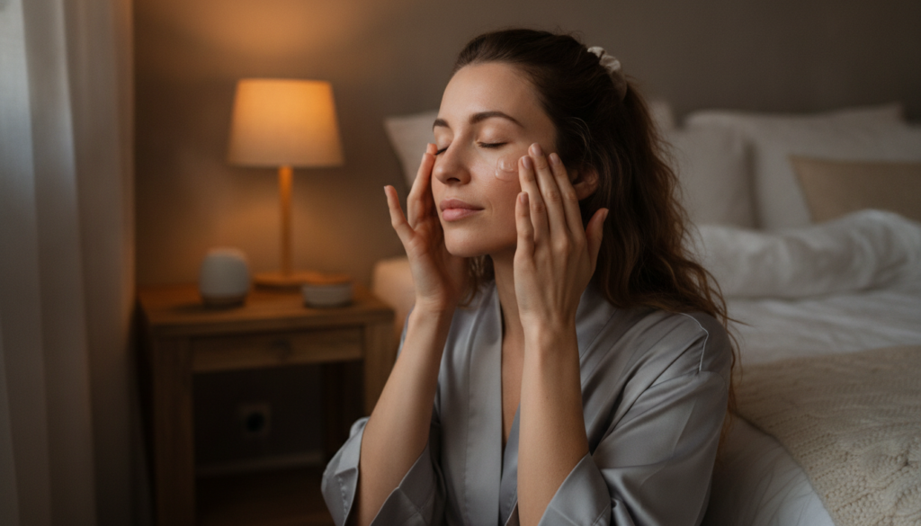 A woman gently applying a small amount of clear or light-colored gel to her face before bed in a soft low-light setting