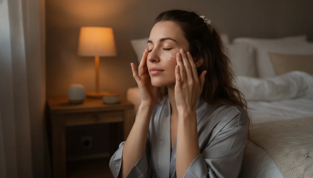 A woman gently applying a small amount of clear or light-colored gel to her face before bed in a soft low-light setting