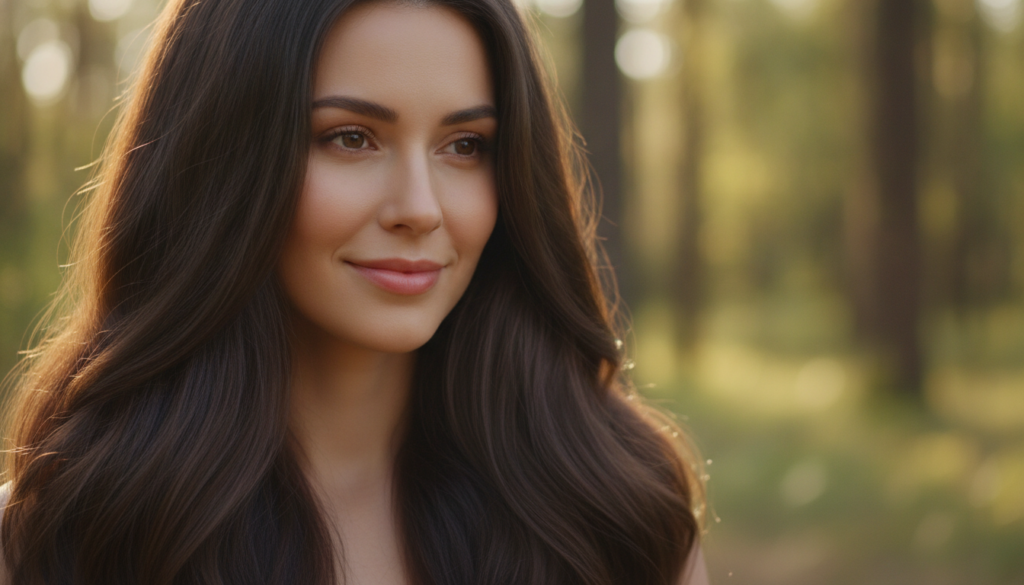 A person with visibly healthy shiny hair showcasing the potential benefits of consistent natural hair care routines in a