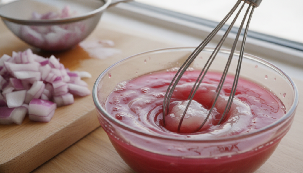 A close-up of freshly prepared red onion juice being mixed with aloe vera gel in a small glass bowl with chopped red oni