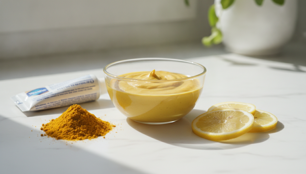 A small bowl with a DIY face mask mixture made from Vaseline yellow turmeric powder and a squeeze of fresh lemon juice w